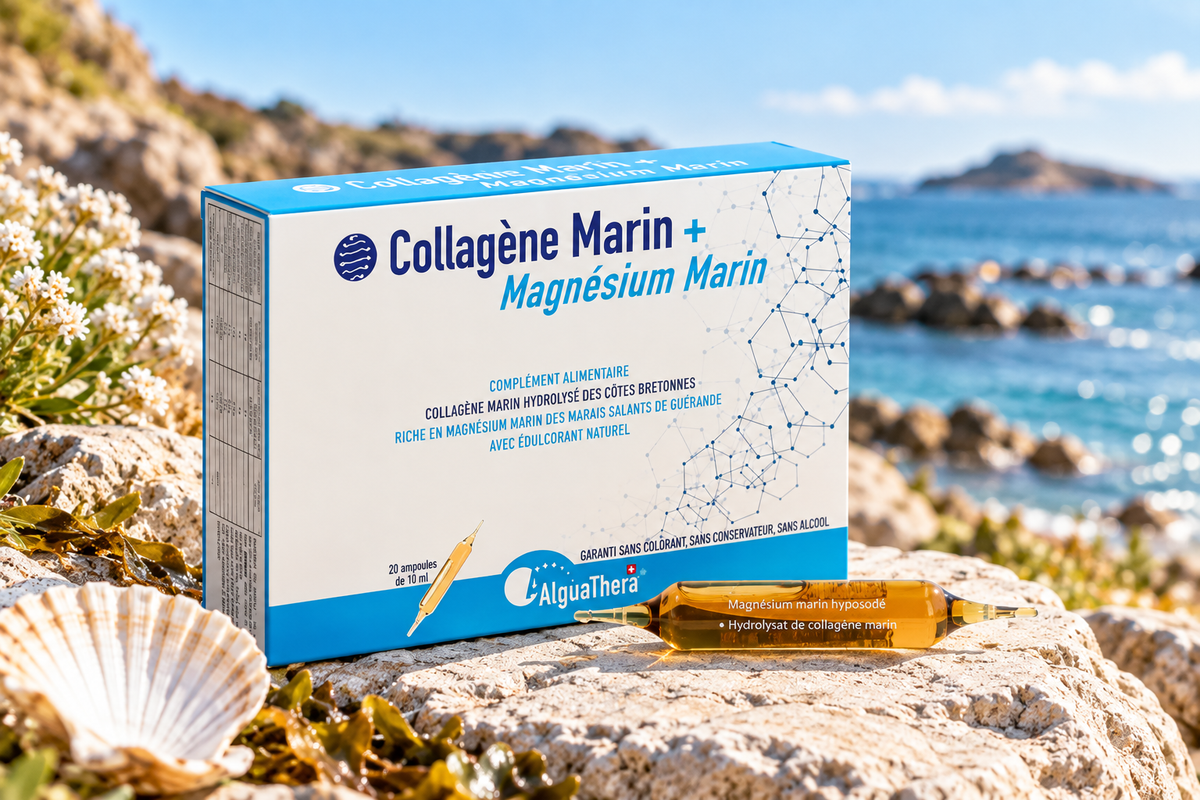 Collagène Marin + Magnésium Marin AlguaThera en ampoules, à base de collagène marin hydrolysé de Bretagne et de magnésium marin de Guérande, présenté dans un décor naturel en bord de mer.