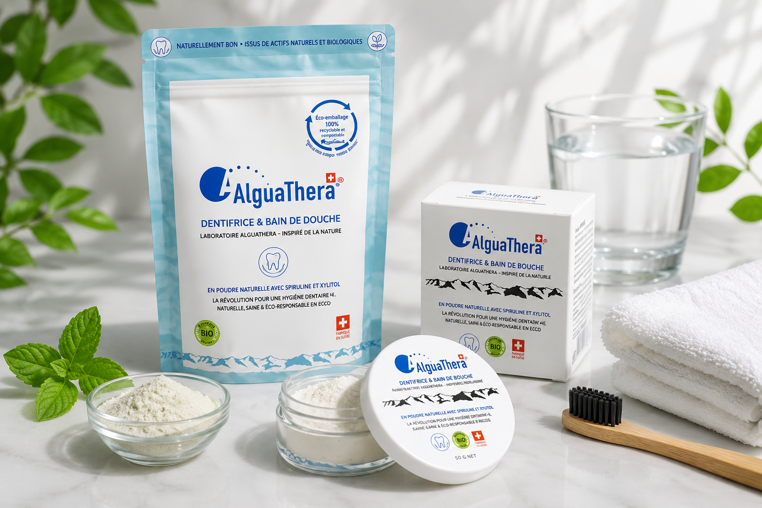 Pack complet du dentifrice naturel en poudre AlguaThera : pot 50 g, recharge 150 g et poudre à base de spiruline, xylitol, menthe et kaolin, fabriqué en Suisse pour une hygiène bucco-dentaire naturelle.