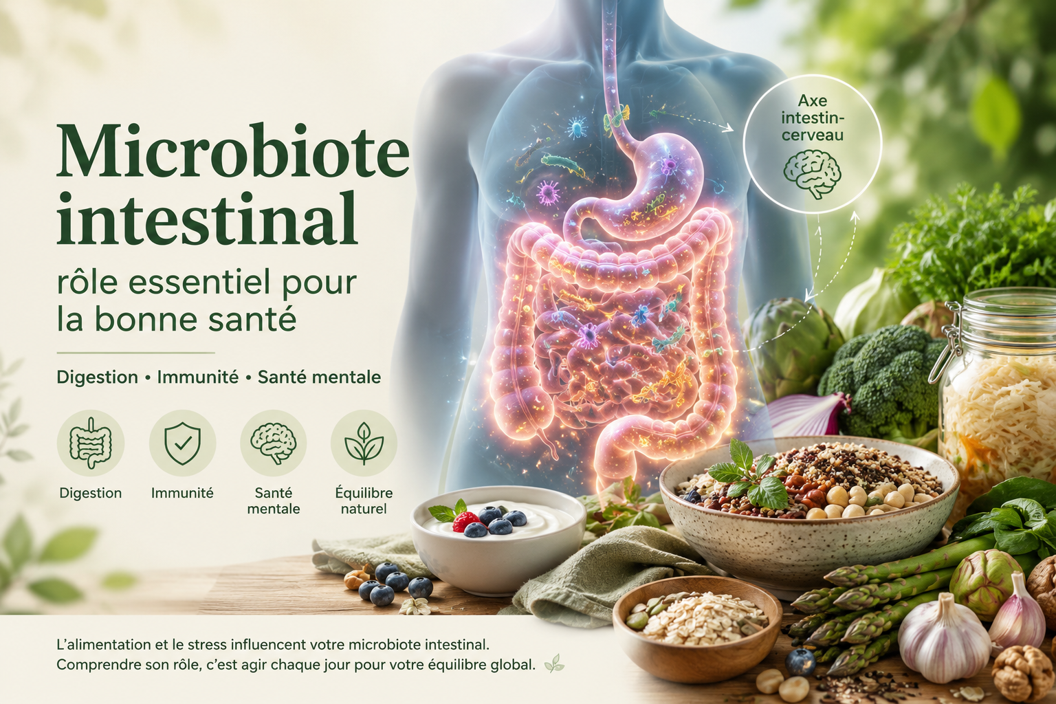Illustration du microbiote intestinal montrant l'axe intestin-cerveau, les bactéries intestinales bénéfiques et le rôle de l'alimentation dans l'équilibre digestif, immunitaire et mental.