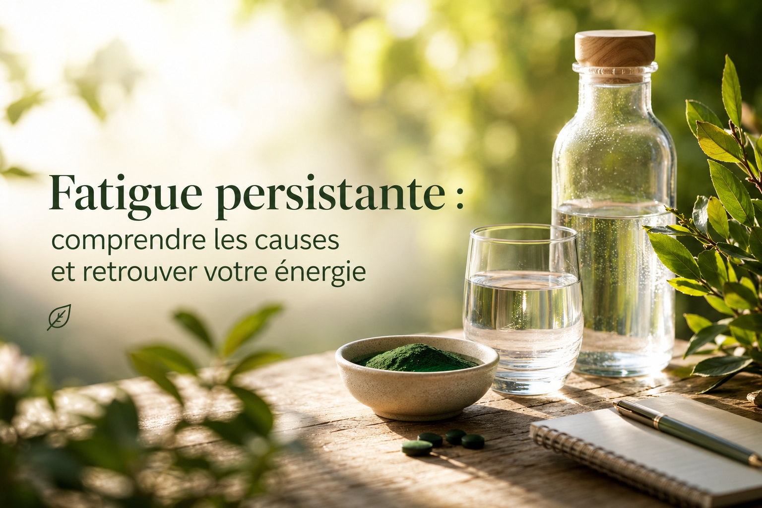 Fatigue persistante et vitalité naturelle : verre d'eau, spiruline et environnement végétal illustrant l'hydratation, l'alimentation équilibrée et les solutions naturelles pour soutenir l'énergie au quotidien.