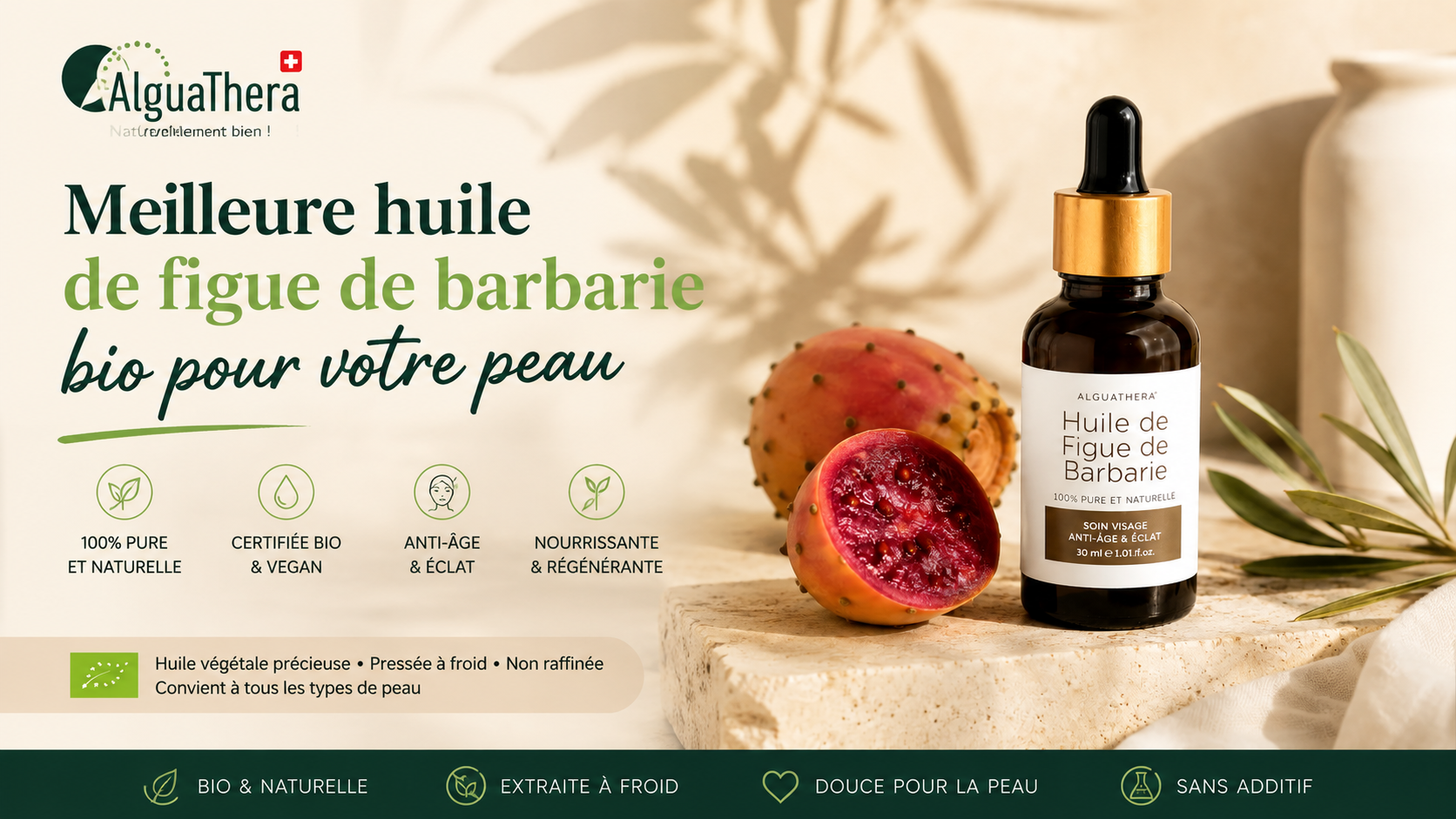 Huile de figue de barbarie bio AlguaThera présentée avec fruits frais de figue de barbarie, illustrant un soin naturel anti-âge pour nourrir, régénérer et illuminer la peau du visage.