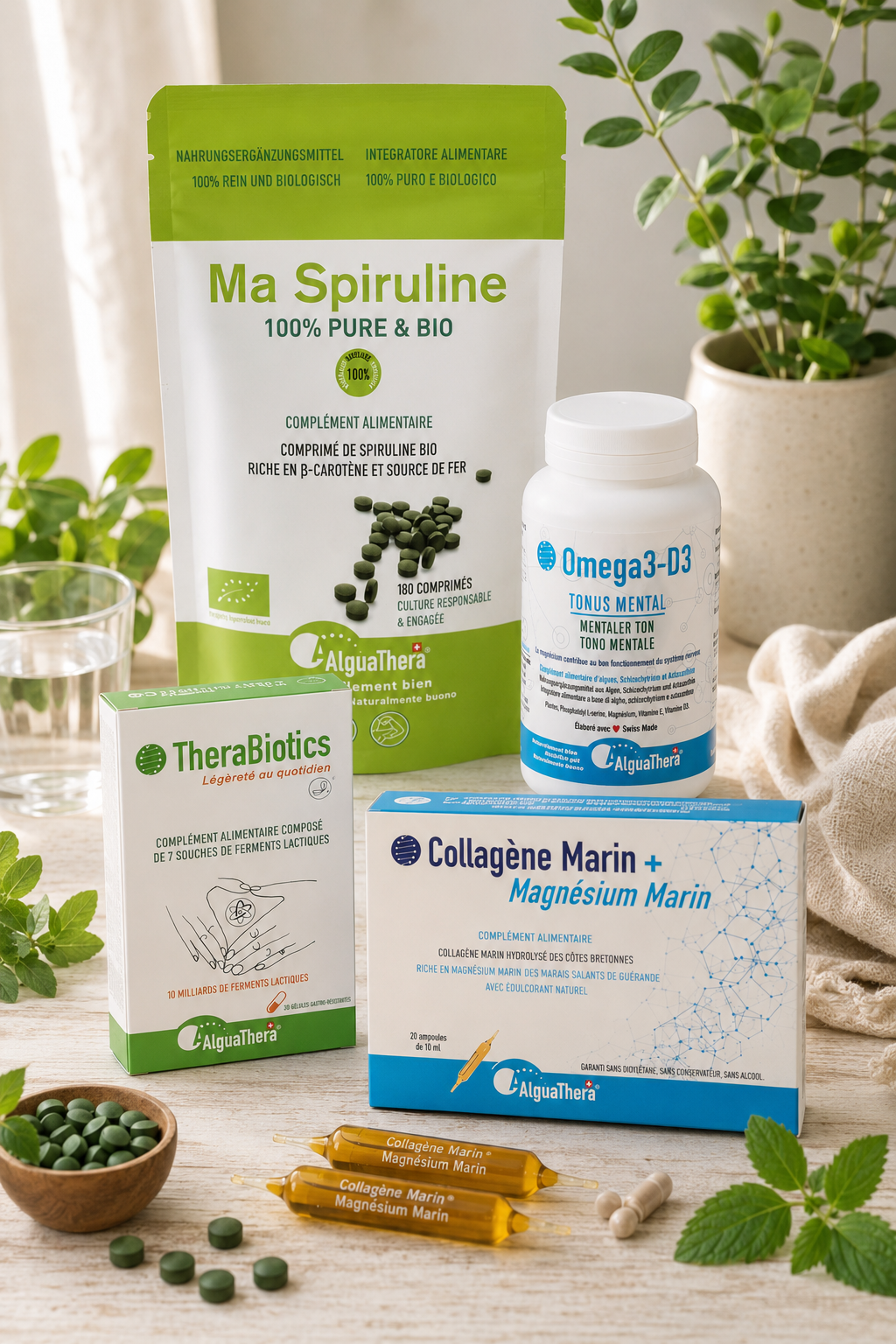 Compléments alimentaires AlguaThera de qualité avec spiruline bio probiotiques oméga 3 et collagène marin dans un environnement naturel