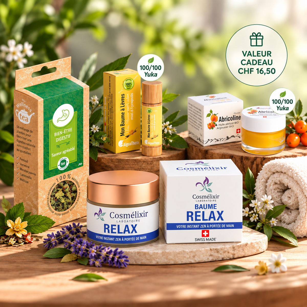 Coffret Douceur Bien-être au naturel AlguaThera : sélection de soins naturels avec baume Relax Cosmélixir, Abricoline BIO, baume à lèvres miel et propolis et tisane digestive. Produits présentés dans une ambiance végétale et apaisante.