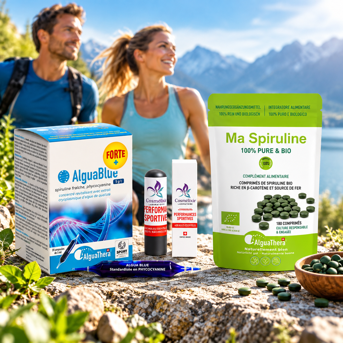 simplement mon petit lapin.
Coffret Boost d’Énergie AlguaThera avec AlguaBlue Forte+ à la phycocyanine, Ma Spiruline BIO et roll-on Cosmélixir Performances Sportives. Produits présentés dans un décor sportif et naturel, avec deux randonneurs, un lac alpin et des montagnes en arrière-plan.
