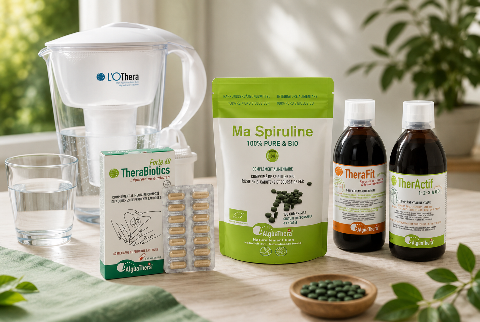 Compléments alimentaires naturels AlguaThera pour accompagner la perte de poids : spiruline bio, probiotiques TheraBiotics, TherActif, TheraFit et eau filtrée L’OThera dans une démarche de rééquilibrage alimentaire.
