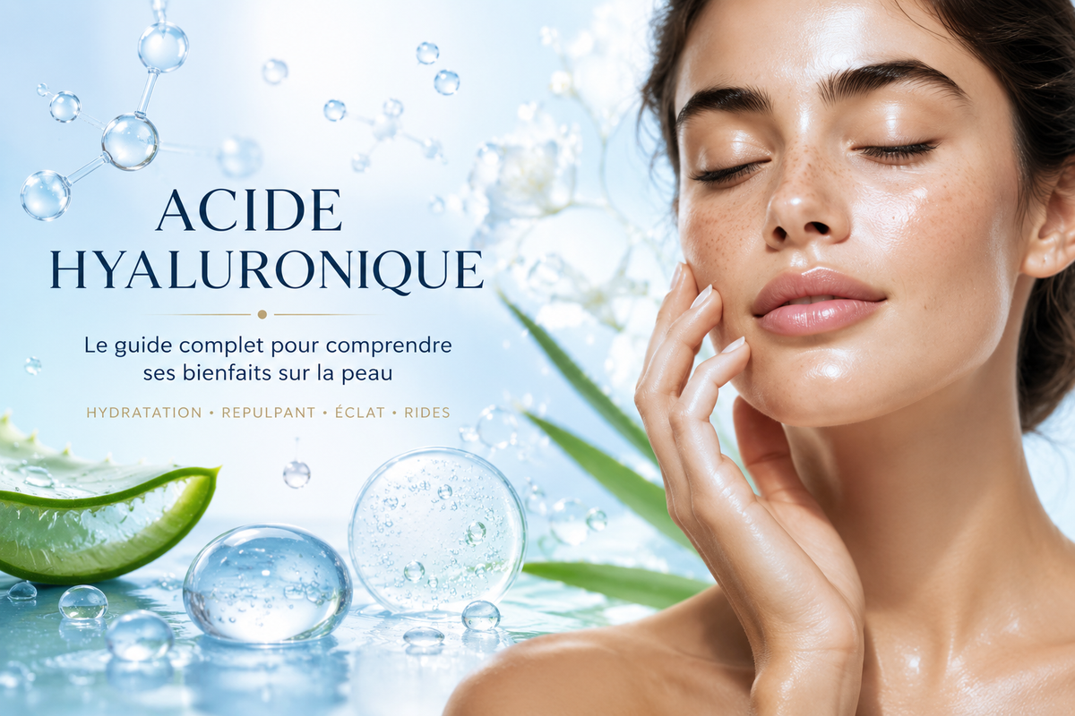 Peau hydratée et lumineuse illustrant les bienfaits de l'acide hyaluronique pour l'hydratation, la souplesse et la prévention des rides.