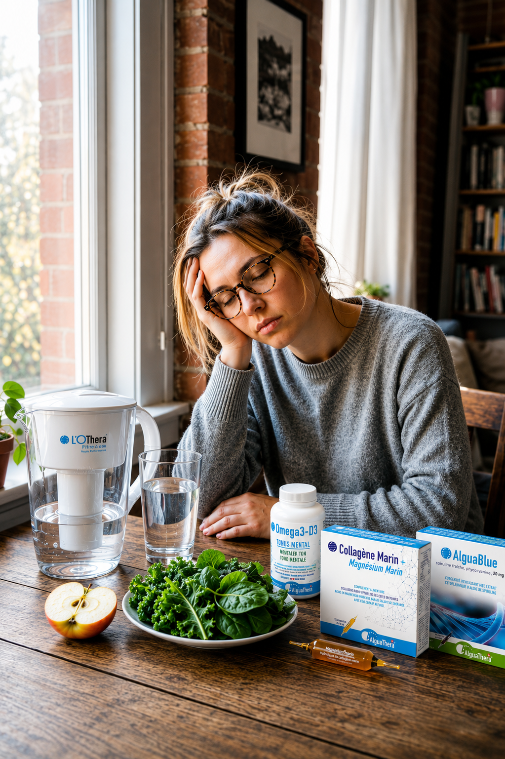 Femme souffrant de fatigue intense devant une alimentation saine, de l'eau filtrée et des compléments alimentaires AlguaThera (AlguaBlue, Collagène Marin + Magnésium Marin et Oméga 3-D3) pour soutenir l'énergie, la vitalité et le bien-être au quotidien.