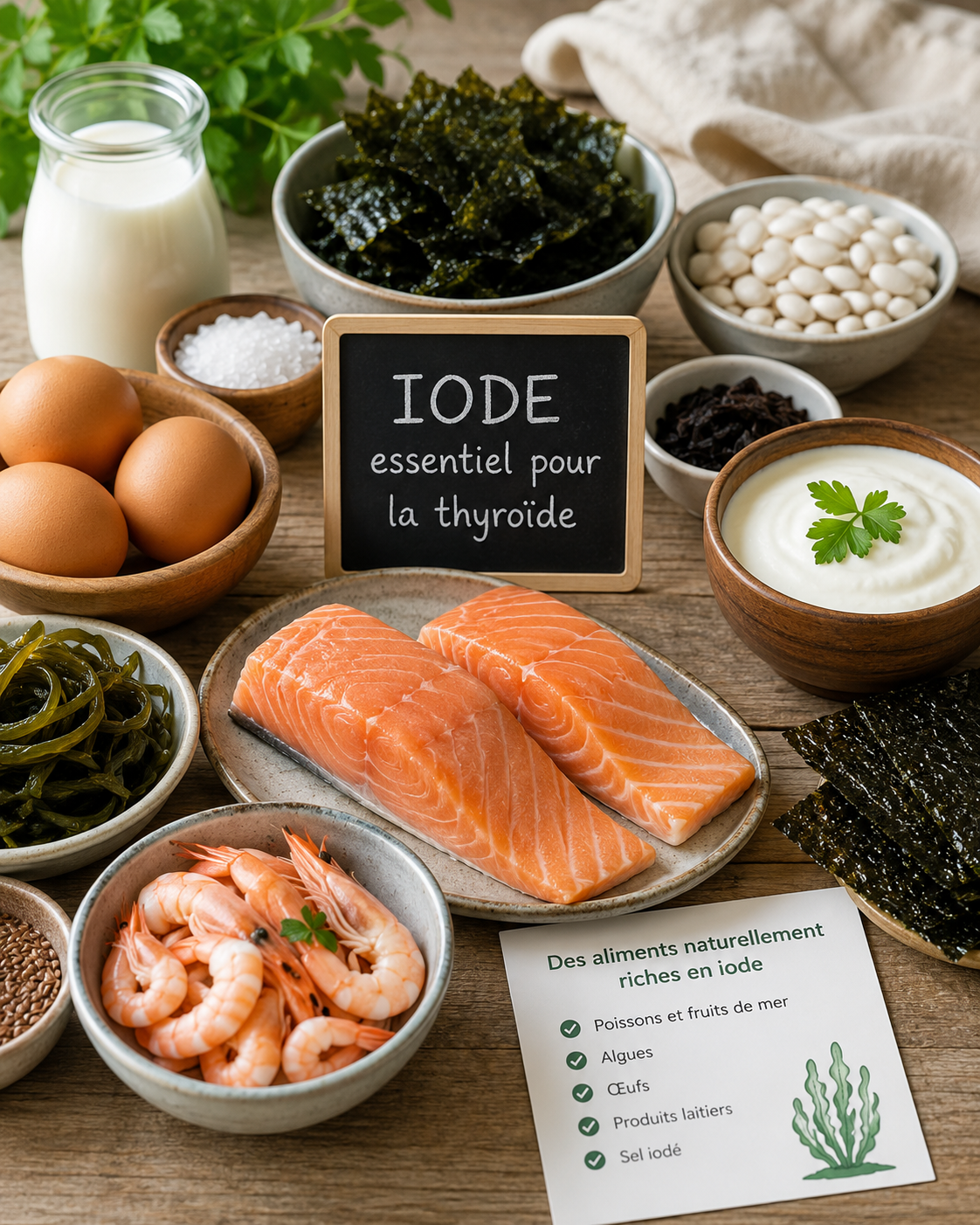 Aliments riches en iode pour soutenir le fonctionnement normal de la thyroïde.
