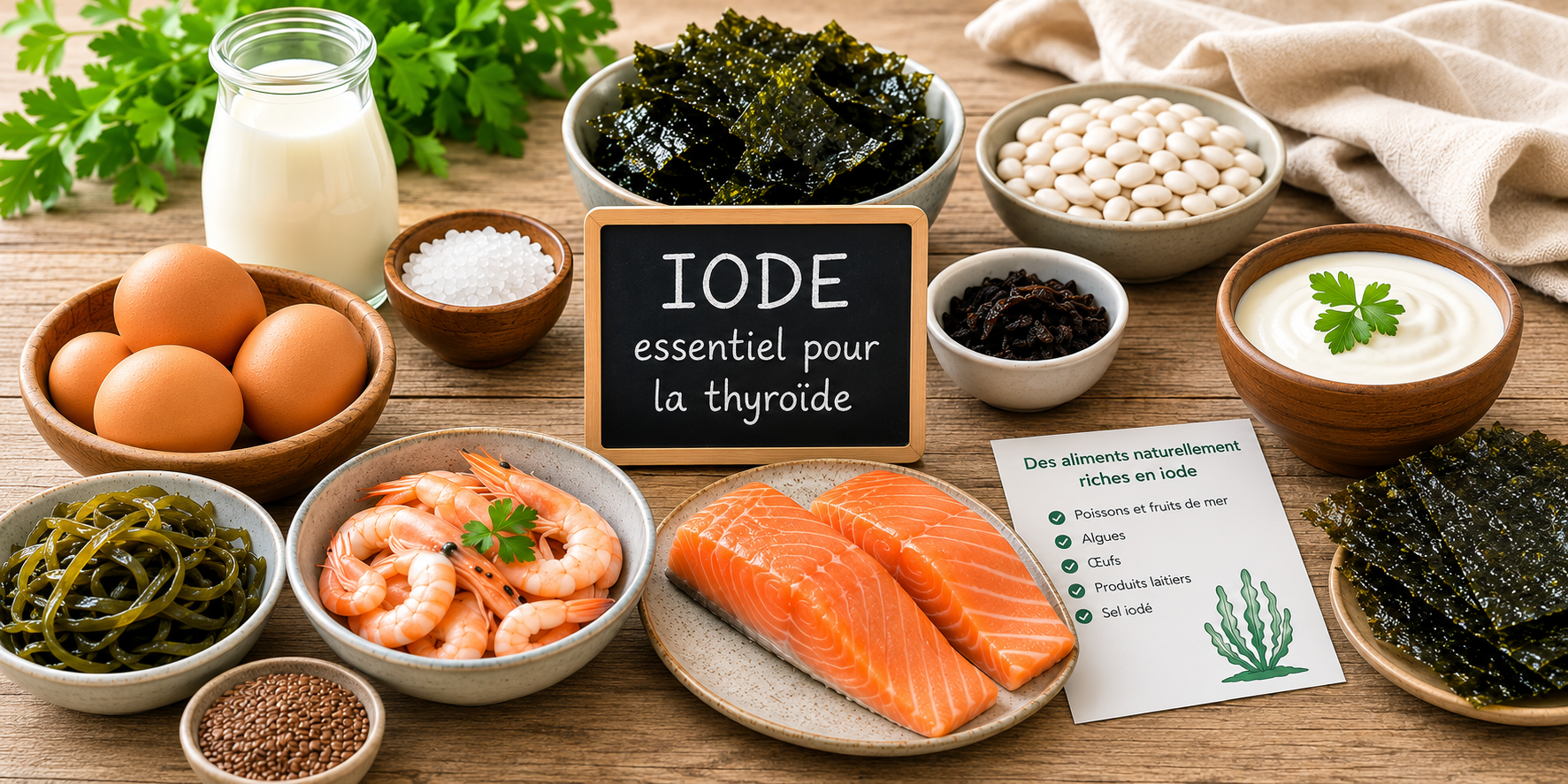 Sources naturelles d’iode : poissons, fruits de mer, algues, œufs et produits laitiers. Illustration d’un article sur la carence en iode, ses symptômes, ses causes et son rôle essentiel pour la thyroïde.