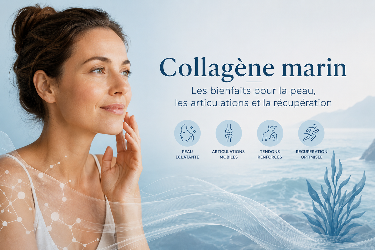 Illustration d'une femme à la peau éclatante devant un décor marin, symbolisant les bienfaits du collagène marin hydrolysé pour la peau, les articulations, les tendons, la mobilité et la récupération musculaire.
