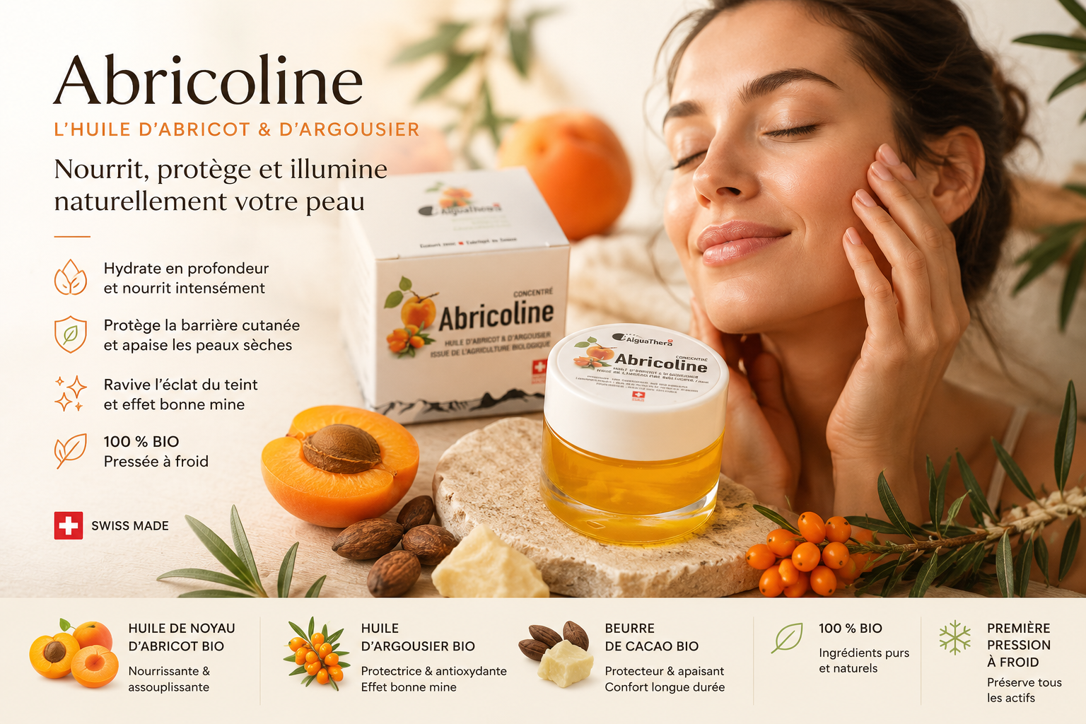 Abricoline AlguaThera, soin visage et corps bio associant huile de noyau d'abricot bio, huile d'argousier bio et beurre de cacao bio, formulé pour nourrir, protéger la barrière cutanée et redonner confort et éclat aux peaux sèches et sensibles.