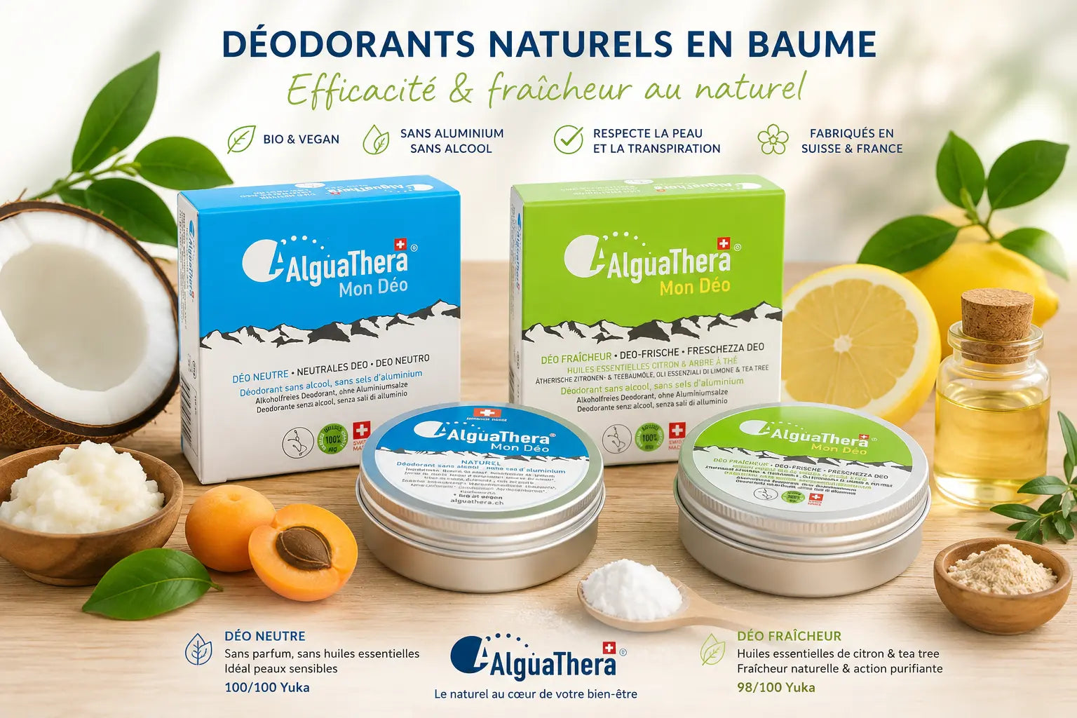 Déodorants naturels en baume AlguaThera bio et vegan, Déo Neutre et Déo Fraîcheur, fabriqués en Suisse et en France, sans sels d'aluminium, sans alcool, avec ingrédients naturels comme beurre de coco, huile de noyau d'abricot, citron et Tea Tree.
