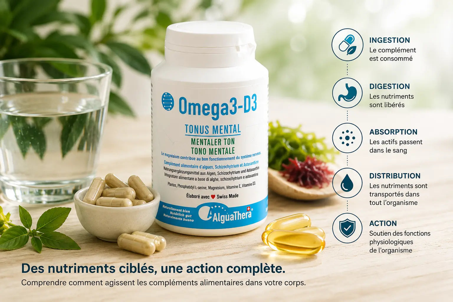 Illustration du fonctionnement des compléments alimentaires dans le corps humain montrant les étapes d'ingestion, de digestion, d'absorption et de distribution des nutriments, avec le complément AlguaThera Omega 3-D3 Tonus Mental.