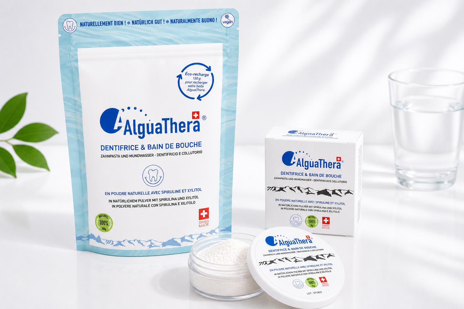 AlguaThera dentifrice en poudre et recharge – duo fraîcheur naturelle, hygiène bucco-dentaire naturelle avec spiruline et xylitol