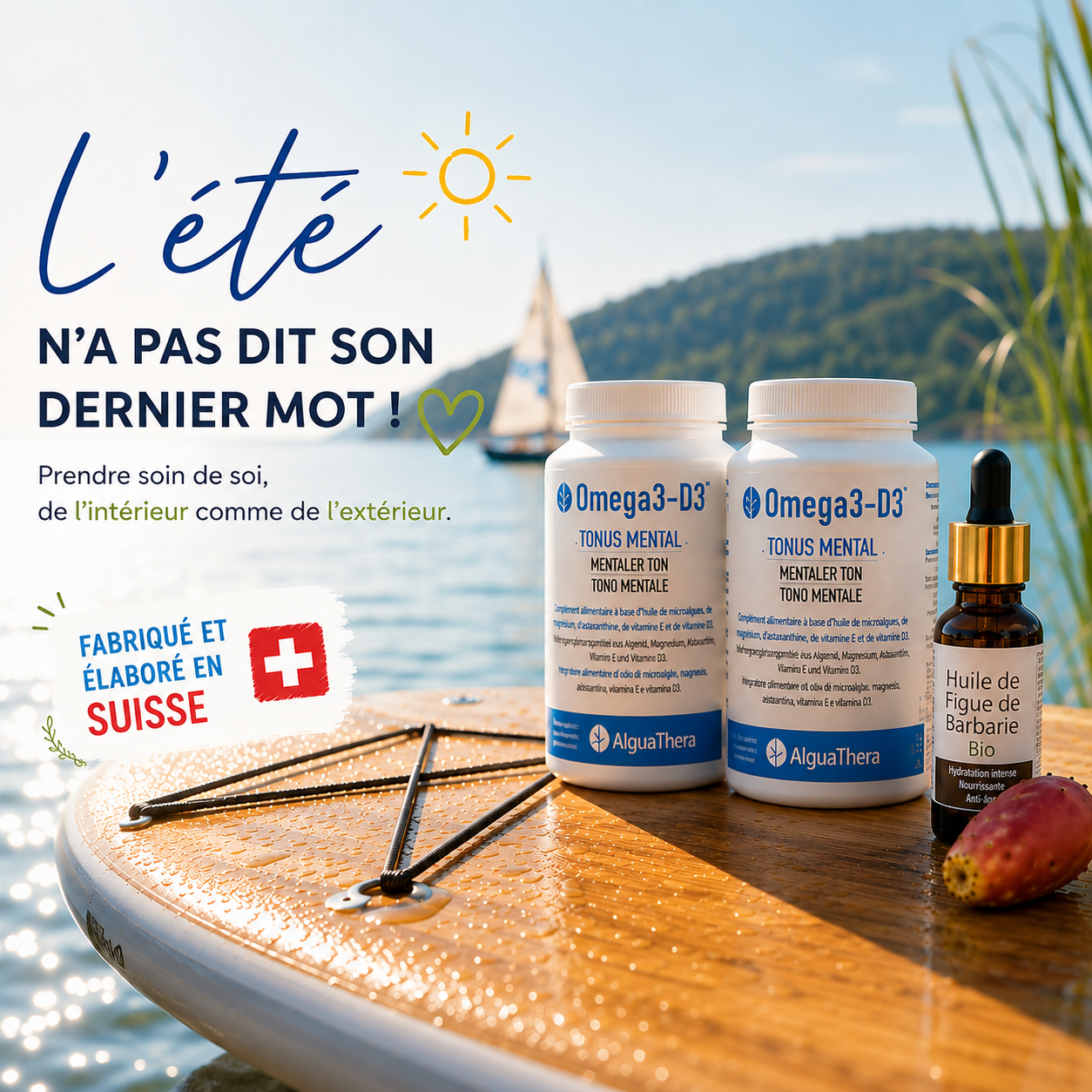 Offre été AlguaThera avec deux boîtes Omega 3-D3 et huile de figue de Barbarie Bio, au bord du lac de Neuchâtel.